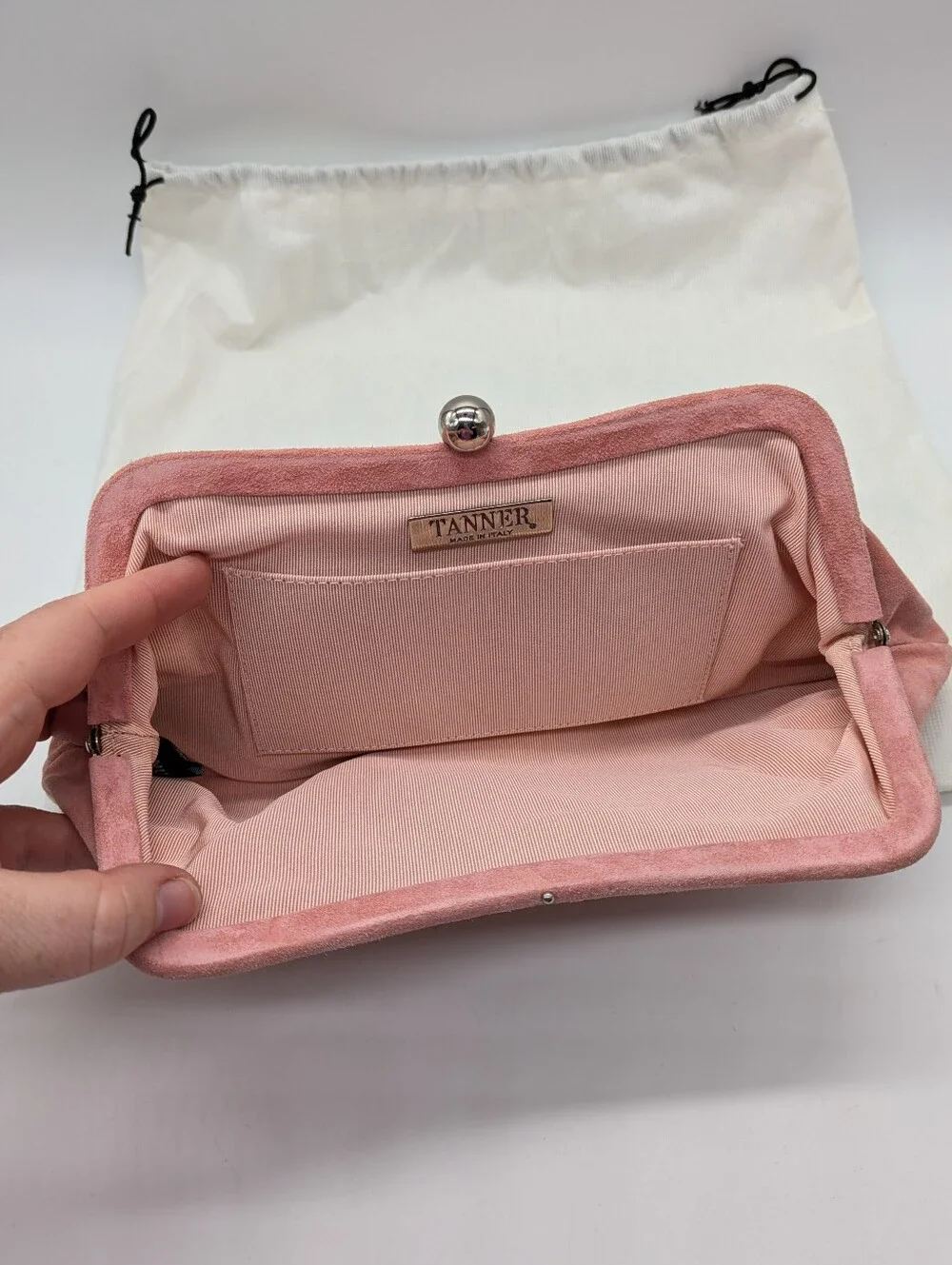 Tanner Pink Suede Leather Kiss Lock Clutch Purse